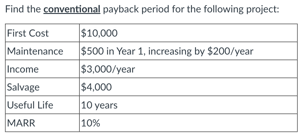 Find the conventional payback period for the following project:
First Cost
$10,000
$500 in Year 1, increasing by $200/year
$3,000/year
$4,000
Maintenance
Income
Salvage
Useful Life
10 years
MARR
10%