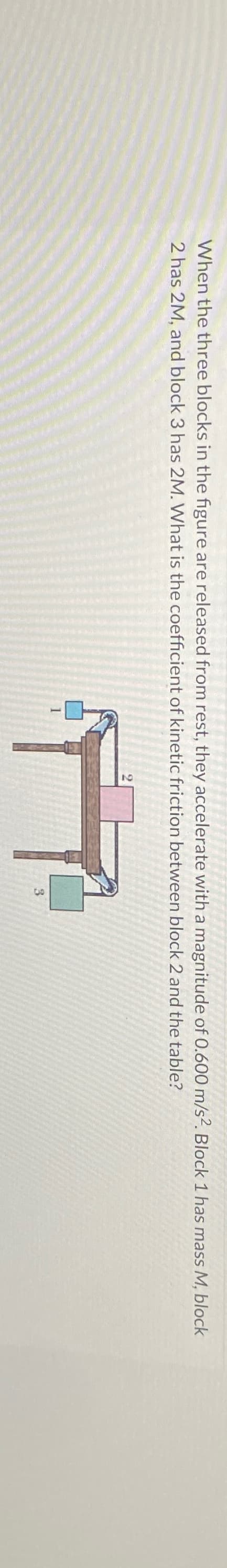 When the three blocks in the figure are released from rest, they accelerate with a magnitude of 0.600 m/s². Block 1 has mass M, block
2 has 2M, and block 3 has 2M. What is the coefficient of kinetic friction between block 2 and the table?
1
3