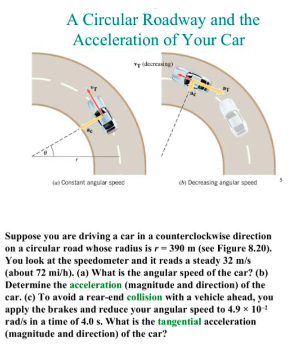 A Circular Roadway and the
Acceleration of Your Car
"T (decreasing)
(a) Constant angular speed
(b) Decreasing angular speed
Suppose you are driving a car in a counterclockwise direction
on a circular road whose radius is r= 390 m (see Figure 8.20).
You look at the speedometer and it reads a steady 32 m/s
(about 72 mi/h). (a) What is the angular speed of the car? (b)
Determine the acceleration (magnitude and direction) of the
car. (c) To avoid a rear-end collision with a vehicle ahead, you
apply the brakes and reduce your angular speed to 4.9 x 10-2
rad/s in a time of 4.0 s. What is the tangential acceleration
(magnitude and direction) of the car?
