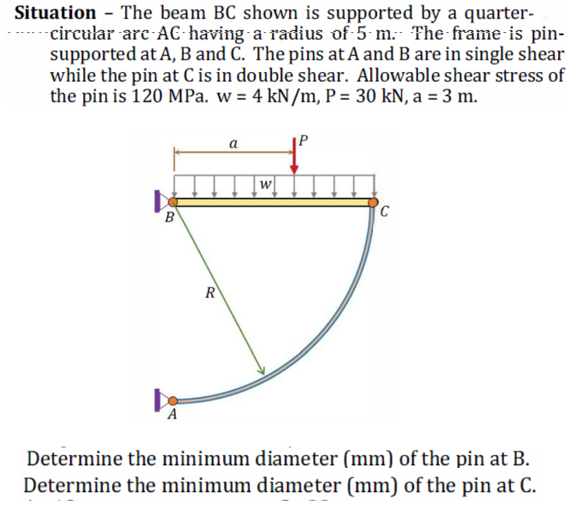 Situation - The beam BC shown is supported by a quarter-
-circular are AC having a radius of 5- m. The frame is pin-
supported at A, B and C. The pins at A and B are in single shear
while the pin at C is in double shear. Allowable shear stress of
the pin is 120 MPa. w = 4 kN/m, P = 30 kN, a = 3 m.
a
B
C.
R
А
Determine the minimum diameter (mm) of the pin at B.
Determine the minimum diameter (mm) of the pin at C.
