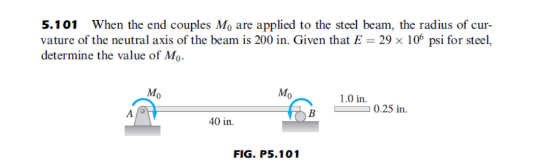 5.101 When the end couples Mo are applied to the steel beam, the radius of cur-
vature of the neutral axis of the beam is 200 in. Given that E = 29 × 106 psi for steel,
determine the value of Mo.
Mo
Mo
1.0 in.
0.25 in.
A
B
40 in.
FIG. P5.101

