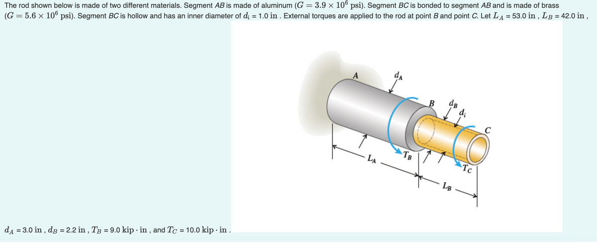 The rod shown below is made of two different materials. Segment AB is made of aluminum (G = 3.9 × 106 psi). Segment BC is bonded to segment AB and is made of brass
(G= 5.6 × 106 psi). Segment BC is hollow and has an inner diameter of d₁ = 1.0 in. External torques are applied to the rod at point B and point C. Let L₁ = 53.0 in, LB = 42.0 in,
dA
dд = 3.0 in, dB = 2.2 in, TB = 9.0 kip in, and Tc = 10.0 kip in .
•
.
B
di
TB
Tc
LA
LB