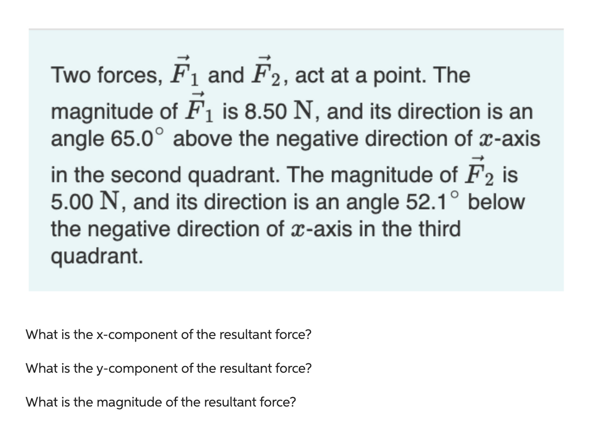 Two forces, F₁ and F2, act at a point. The
magnitude of F₁ is 8.50 N, and its direction is an
angle 65.0° above the negative direction of x-axis
in the second quadrant. The magnitude of F2 is
5.00 N, and its direction is an angle 52.1° below
the negative direction of x-axis in the third
quadrant.
What is the x-component of the resultant force?
What is the y-component of the resultant force?
What is the magnitude of the resultant force?
