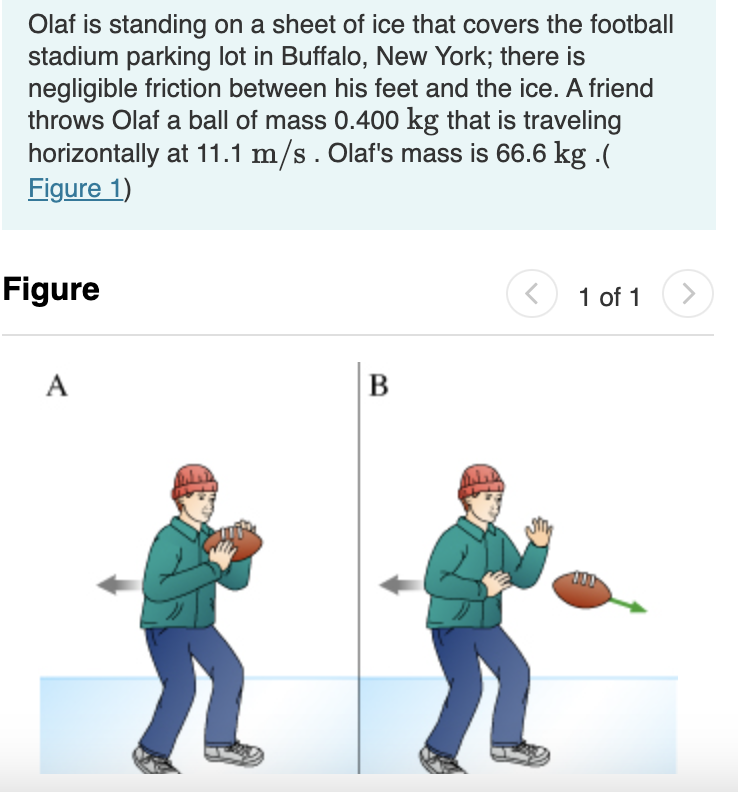 Olaf is standing on a sheet of ice that covers the football
stadium parking lot in Buffalo, New York; there is
negligible friction between his feet and the ice. A friend
throws Olaf a ball of mass 0.400 kg that is traveling
horizontally at 11.1 m/s. Olaf's mass is 66.6 kg (
Figure 1)
Figure
A
B
<
1 of 1
>