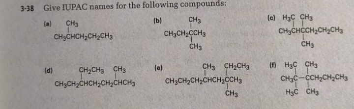 3-38 Give IUPAC names for the following compounds:
(b)
CH3
(c) H3C CH3
(a)
CH3
CH3CHCCH2CH2CH3
CH3
CH3CHCH2CH2CH3
CH3CH2CCH3
CH3
CH2CH3 CH3
(e)
CH3 CH2CH3
(f) H3C CH3
(d)
CH3CH2CHCH,CH2CHCH3
CH3CH2CH2CHCH2CCH3
CH3C-CCH2CH2CH3
CH3
H3C CH3
