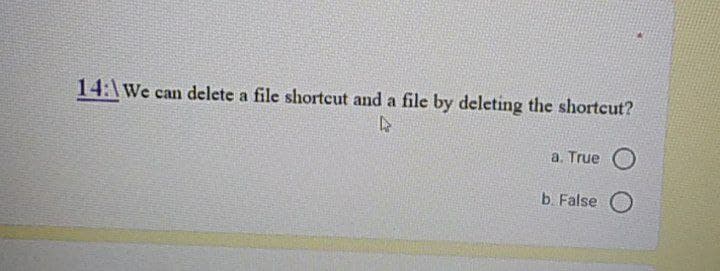 14:\We can delete a file shortcut and a file by deleting the shortcut?
a. True O
b. False O
