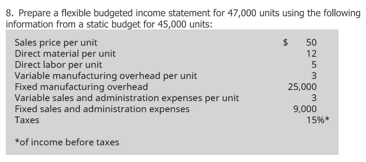 8. Prepare a flexible budgeted income statement for 47,000 units using the following
information from a static budget for 45,000 units:
Sales price per unit
Direct material per unit
Direct labor per unit
Variable manufacturing overhead per unit
Fixed manufacturing overhead
Variable sales and administration expenses per unit
Fixed sales and administration expenses
50
12
3.
25,000
3
9,000
15%*
Таxes
*of income before taxes
%24
