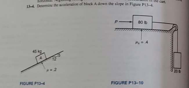 the cart.
14. Determine the acceleration of block A down the slope in Figure PI3-4
P-
80 lb
H = .4
45 kg
A
12
20 lb
FIGURE P13-4
FIGURE P13-10
