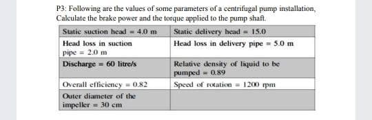 P3: Following are the values of some parameters of a centrifugal pump installation,
Calculate the brake power and the torque applied to the pump shaft.
Static suction head = 4.0 m
Head loss in suction
pipe = 2.0 m
Discharge = 60 litre/s
Static delivery head = 15.0
Head loss in delivery pipe = 5.0 m
Relative density of läquid to be
pumped = 0.89
Overall efficiency = 0.82
Speed of rotation = 1200 rpm
Outer diameter of the
impeler = 30 cm
