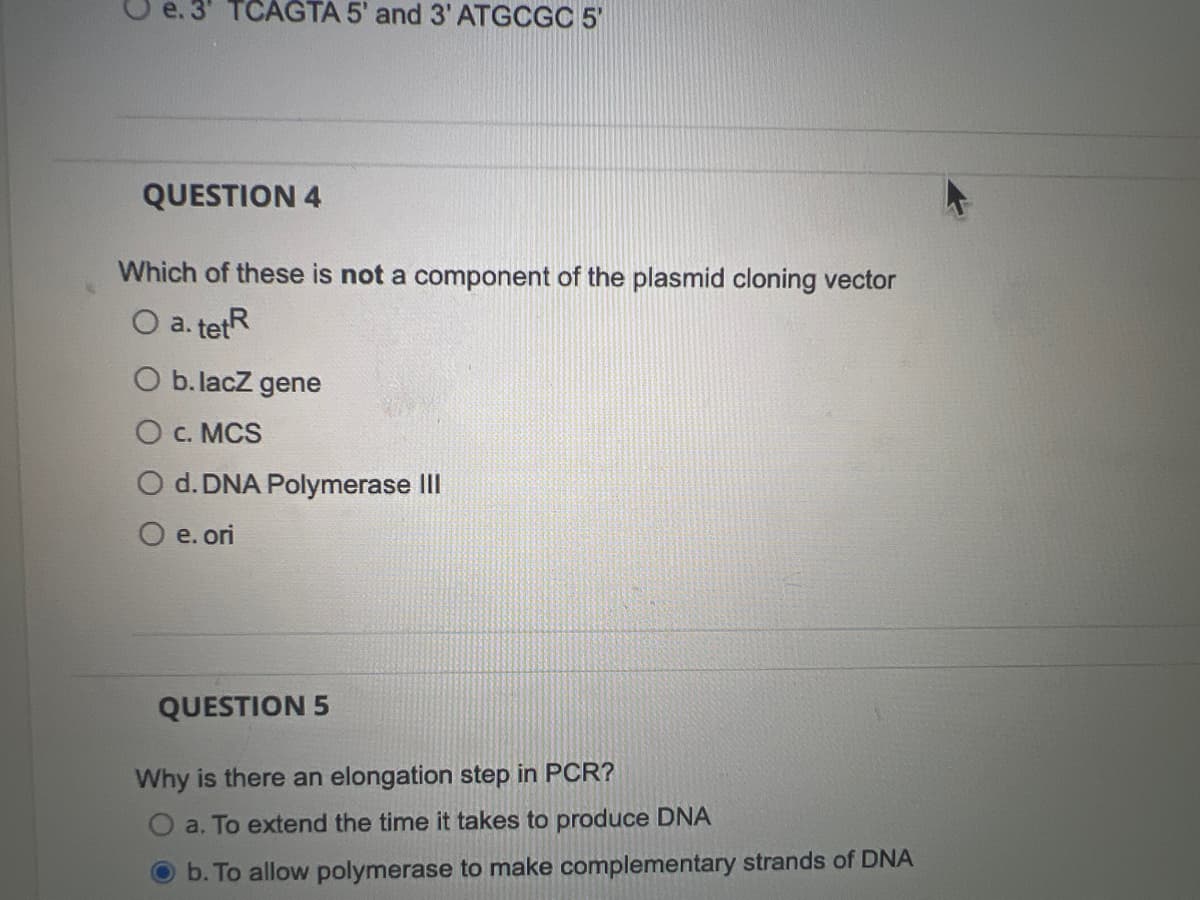 e. 3' TCAGTA 5' and 3' ATGCGC 5'
QUESTION 4
Which of these is not a component of the plasmid cloning vector
O a. tetR
O b. lacZ gene
O C. MCS
O d. DNA Polymerase III
O e. ori
QUESTION 5
Why is there an elongation step in PCR?
a. To extend the time it takes to produce DNA
O b. To allow polymerase to make complementary strands of DNA