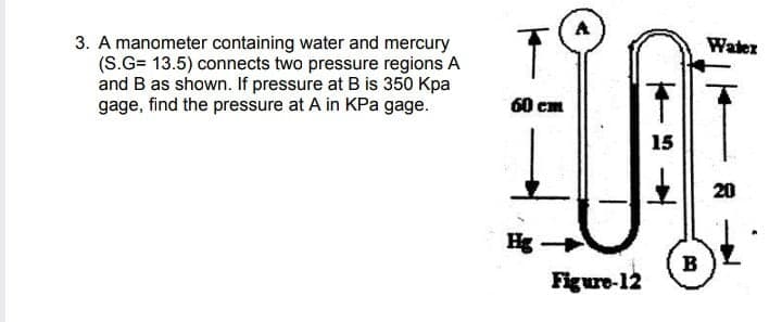 3. A manometer containing water and mercury
(S.G= 13.5) connects two pressure regions A
and B as shown. If pressure at B is 350 Kpa
gage, find the pressure at A in KPa gage.
Water
60 cm
15
20
电一
в
Figure-12
