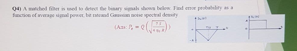 Q4) A matched filter is used to detect the binary signals shown below. Find error probability as a
function of average signal power, bit rateand Gaussian noise spectral density
4S. le)
7S
(Ans: P = Q
TIL
4 7o R
