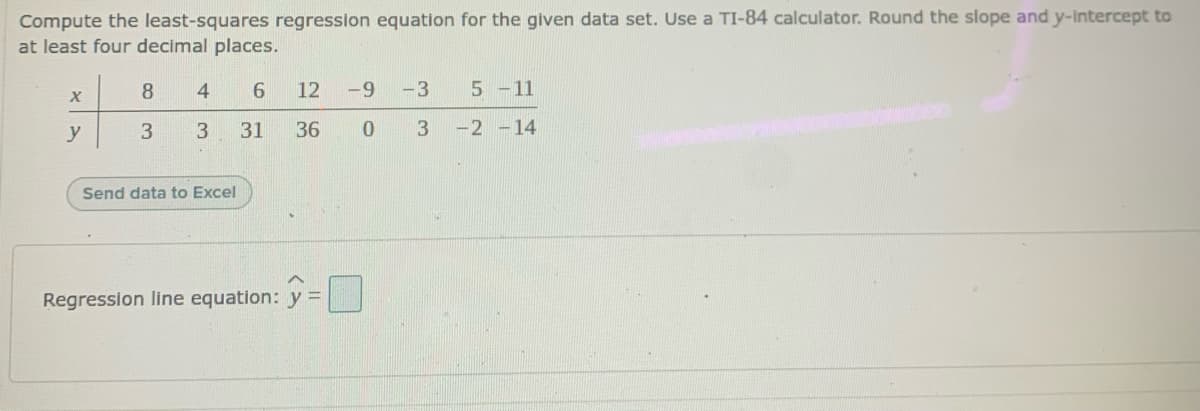 Compute the least-squares regression equation for the given data set. Use a TI-84 calculator. Round the slope and y-Intercept to
at least four decimal places.
8
4
12
-9
-3
5 -11
y
3
3.
31
36
-2 -14
Send data to Excel
Regression line equation: y

