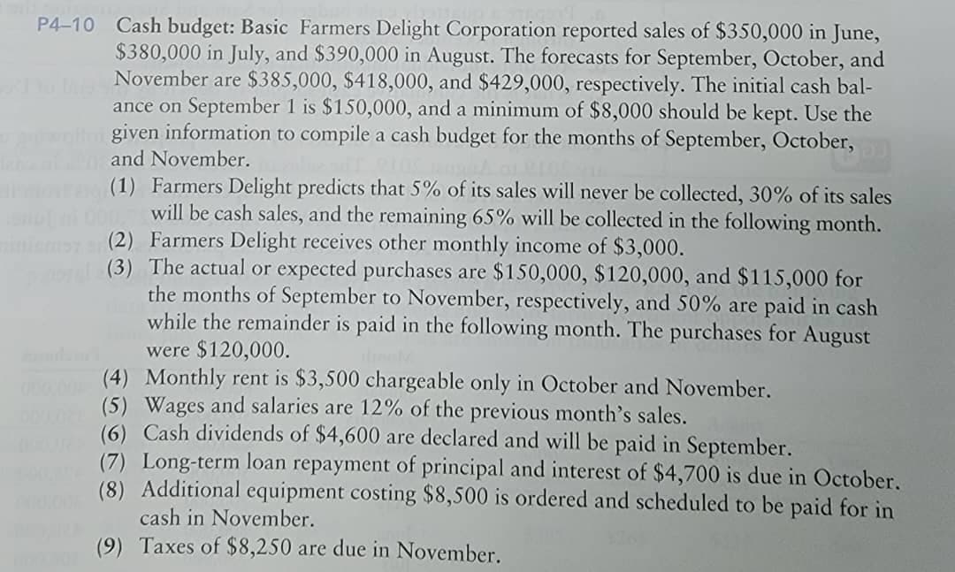 P4-10 Cash budget: Basic Farmers Delight Corporation reported sales of $350,000 in June,
$380,000 in July, and $390,000 in August. The forecasts for September, October, and
November are $385,000, $418,000, and $429,000, respectively. The initial cash bal-
ance on September 1 is $150,000, and a minimum of $8,000 should be kept. Use the
given information to compile a cash budget for the months of September, October,
and November.
(1) Farmers Delight predicts that 5% of its sales will never be collected, 30% of its sales
will be cash sales, and the remaining 65% will be collected in the following month.
(2) Farmers Delight receives other monthly income of $3,000.
(3) The actual or expected purchases are $150,000, $120,000, and $115,000 for
the months of September to November, respectively, and 50% are paid in cash
while the remainder is paid in the following month. The purchases for August
were $120,000.
(4) Monthly rent is $3,500 chargeable only in October and November.
(5) Wages and salaries are 12% of the previous month's sales.
(6) Cash dividends of $4,600 are declared and will be paid in September.
(7) Long-term loan repayment of principal and interest of $4,700 is due in October.
(8) Additional equipment costing $8,500 is ordered and scheduled to be paid for in
cash in November.
(9) Taxes of $8,250 are due in November.
