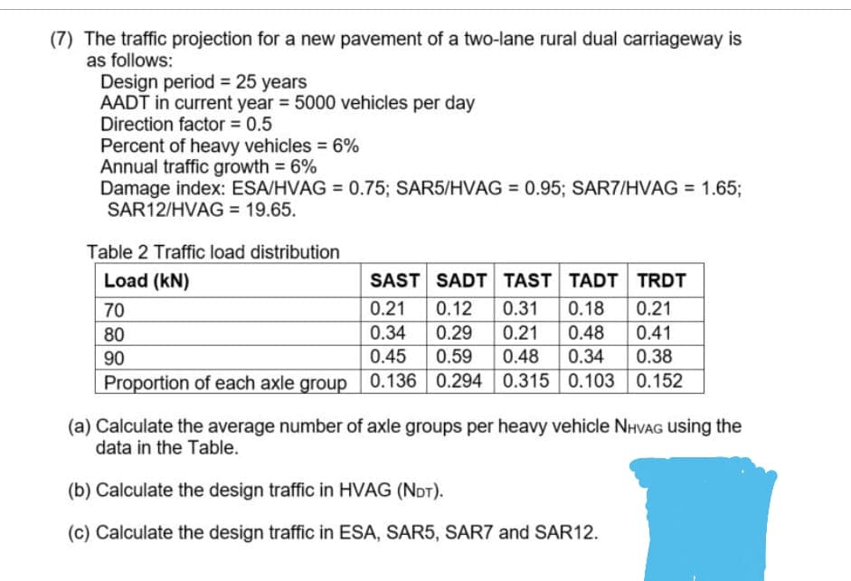 (7) The traffic projection for a new pavement of a two-lane rural dual carriageway is
as follows:
Design period = 25 years
AADT in current year = 5000 vehicles per day
Direction factor = 0.5
Percent of heavy vehicles = 6%
Annual traffic growth = 6%
Damage index: ESA/HVAG = 0.75; SAR5/HVAG = 0.95; SAR7/HVAG = 1.65;
SAR12/HVAG = 19.65.
Table 2 Traffic load distribution
SAST SADT TAST TADT TRDT
0.21
Load (kN)
70
0.12
0.31
0.18
0.21
80
0.34
0.29
0.21
0.48
0.41
90
0.45
0.59
0.48
0.34
0.38
Proportion of each axle group 0.136 0.294 0.315 0.103 0.152
(a) Calculate the average number of axle groups per heavy vehicle NHVAG using the
data in the Table.
(b) Calculate the design traffic in HVAG (NDT).
(c) Calculate the design traffic in ESA, SAR5, SAR7 and SAR12.
