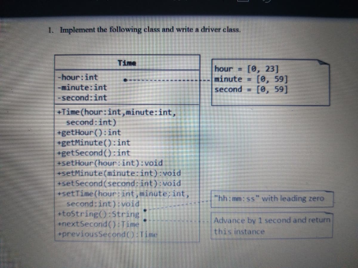 1. Implement the following class and write a driver class.
Time
[0, 23]
[0, 59]
[0, 59]
hour =
कhour: Int
-minute:int
-second:int
minute =
second
+Time (hour:int,minute:int,
second: int)
+getHour (): int
*getMinute():int
+getSecond(): int
+setHour (hour:int):void
setMinute(minute:int) void
asetSecond(second:int) void
+setTime (hoursint,minute; int,
second: int): void
+tostring() String
anextSecond(:Tine
*previous Second():Time
"h... with leading zero
Advance by 1 second and return
this instance

