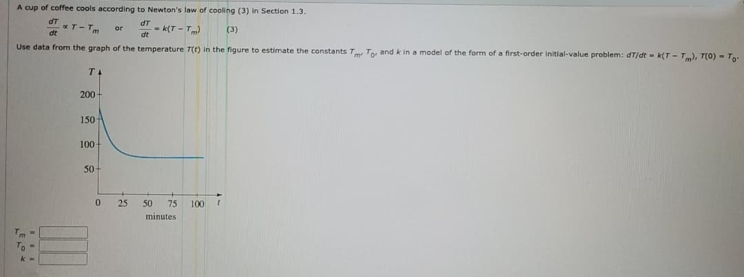 A cup of coffee cools according to Newton's law of cooling (3) in Section 1.3.
dT
oT-Tm
dt
dT
= k(T - Tm)
or
(3)
dt
Use data from the graph of the temperature T(t) in the figure to estimate the constants T To, and k in a model of the form of a first-order initial-value problem: dT/dt = k(T - T), T(0) = To:
TA
200 -
150
100-
50-
0.
25
50
75
100
minutes
Tm =
To =
k

