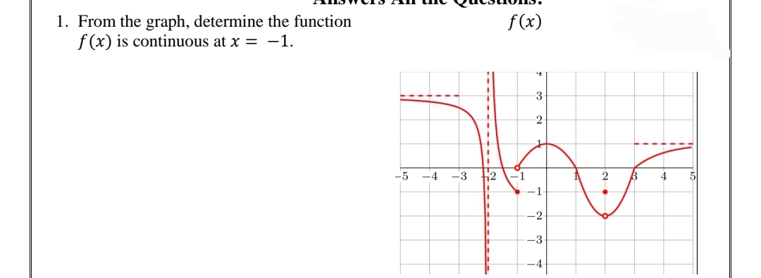1. From the graph, determine the function
f (x) is continuous at x = -1.
f(x)
3
2
3D
-5
-4
-3
12
-1
4
-1
-2
-3-
