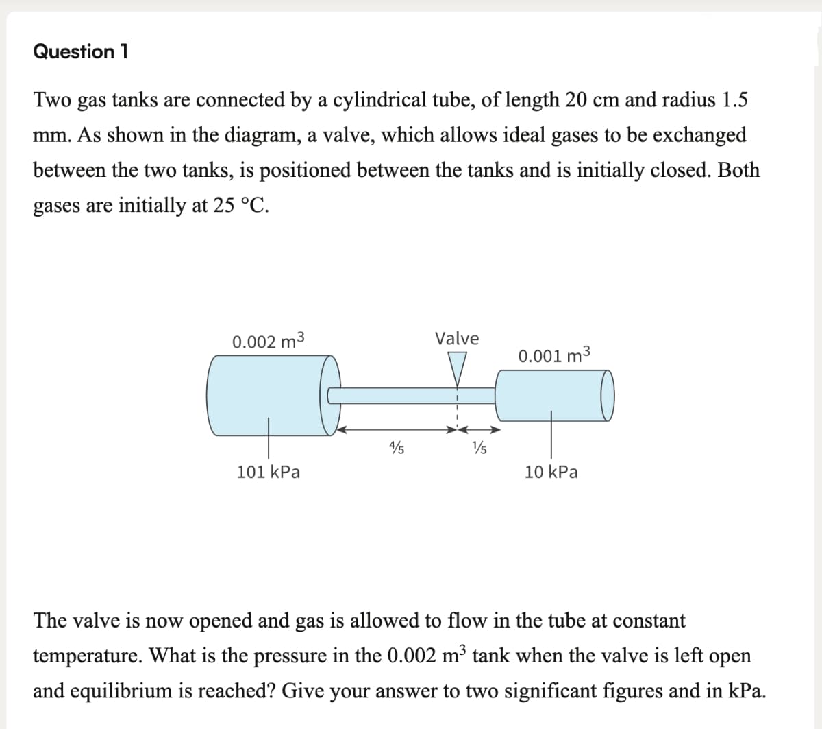 Question 1
Two gas tanks are connected by a cylindrical tube, of length 20 cm and radius 1.5
mm. As shown in the diagram, a valve, which allows ideal gases to be exchanged
between the two tanks, is positioned between the tanks and is initially closed. Both
gases are initially at 25 °C.
0.002 m³
Valve
0.001 m³
4/5
1/5
101 kPa
10 kPa
The valve is now opened and gas is allowed to flow in the tube at constant
temperature. What is the pressure in the 0.002 m³ tank when the valve is left open
and equilibrium is reached? Give your answer to two significant figures and in kPa.