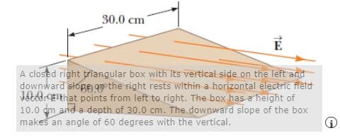 30.0 cm
E
A closed right triangular box with its vertical side on the left and
downward słope qp the right rests within a horizontal electric ftetd
Jeetdrgthat points from left to right. The box has a height of
10.0 dm and a depth of 30.0 cm. The downward slope of the box
makes an angle of 60 degrees with the vertical.
