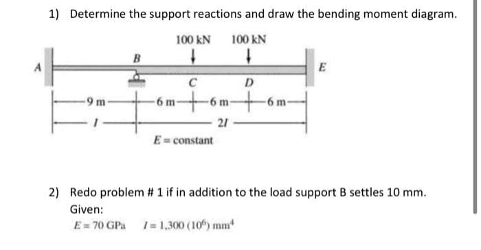 1) Determine the support reactions and draw the bending moment diagram.
100 kN
100 kN
B
A
E
C
D
9 m
6 m-
6 m-
-6 m-
21
E= constant
2) Redo problem # 1 if in addition to the load support B settles 10 mm.
Given:
E= 70 GPa
1= 1,300 (10) mm
