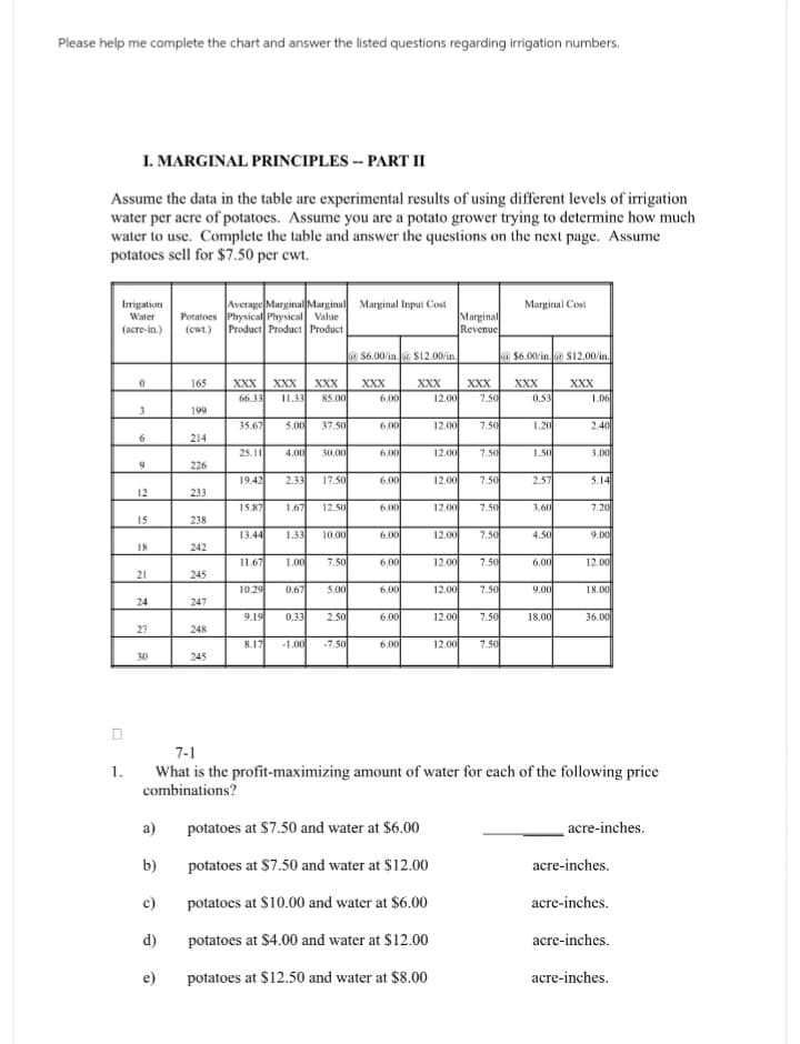 Please help me complete the chart and answer the listed questions regarding irrigation numbers.
I. MARGINAL PRINCIPLES -- PART II
Assume the data in the table are experimental results of using different levels of irrigation
water per acre of potatoes. Assume you are a potato grower trying to determine how much
water to use. Complete the table and answer the questions on the next page. Assume
potatoes sell for $7.50 per cwt.
1.
Irrigation
Water Potatoes
(acre-in.) (cwt.)
Average Marginal Marginal Marginal Input Cost
Physical Physical Value
Product Product Product
Marginal Cost
Marginal
Revenue
@$6.00/in@ $12.00/in.
@$6.00in. @ $12.00/in.
0
165
XXX
XXX
XXX
XXX
XXX
XXX
XXX
XXX
66.33
11.33
85.00
6.00
12.00
7.50
0.53
1.06
3
199
35.67
5.00
37.50
6.00
12.00
7.50
1.20
2.40
6
214
25.11
4.00
30.00
6.00
12.00
7.50
1.50
3.00
9
226
19.42
2.33
17.50
6.00
12.00
7.50
2.57
5.14
12
233
15.87
1.67
12.50
6.00
12.00
7.50
3,60
7.20
15
238
13.44
1.33
10.00
6.00
12.00
7.50
4.50
9.00
18
242
11.67
1.00
7.50
6.00
12.00
7.50
6.00
12.00
21
245
10.29
0.67
5.00
6.00
12.00
7.50
9.00
18.00
24
247
9.19
0.33
2.50
6.00
12.00
7.50
18.00
36.00
27
248
8.17
-1.00
-7.50
6.00
12.00
7.50
30
245
7-1
What is the profit-maximizing amount of water for each of the following price
combinations?
a)
potatoes at $7.50 and water at $6.00
acre-inches.
b)
potatoes at $7.50 and water at $12.00
acre-inches.
c)
potatoes at $10.00 and water at $6.00
acre-inches.
d)
potatoes at $4.00 and water at $12.00
acre-inches.
e)
potatoes at $12.50 and water at $8.00
acre-inches.