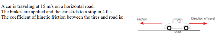 A car is traveling at 15 m/s on a horizontal road.
The brakes are applied and the car skids to a stop in 4.0 s.
The coefficient of kinetic friction between the tires and road is:
Friction
Road
Direction of travel