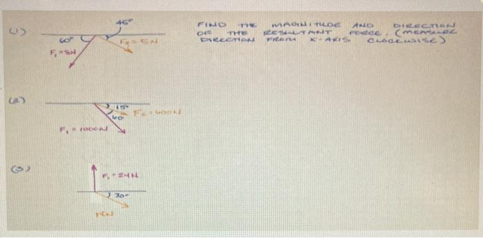 (¹)
(4)
()
حكم
MB-4
S4
SEC
F₁ - 1000 Al
Lo
74244
30-
1924
11:00
FIND THE
MAGNITILDE AND
OF THE RESULTANT
DirceTiON
FRAM
DIRECTION
PORCE, (menure
K-AXIS CLOCKUSISE)