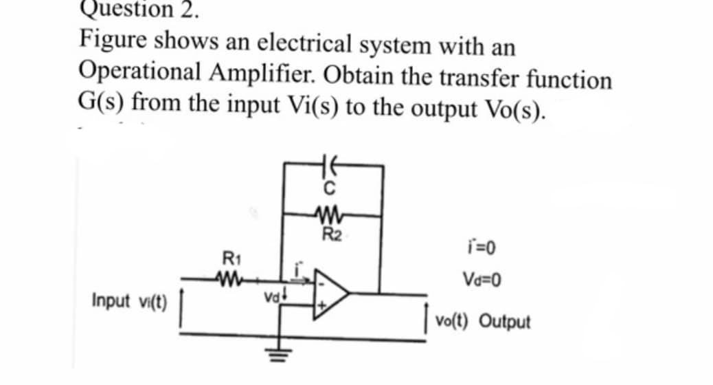 Question 2.
Figure shows an electrical system with an
Operational Amplifier. Obtain the transfer function
G(s) from the input Vi(s) to the output Vo(s).
R2
i=0
R1
Va=0
Input vi(t)
val
Vo(t) Output
