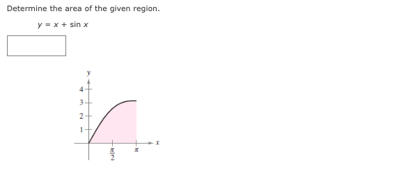 Determine the area of the given region.
y = x + sin x
4
3.
2
1
-ele
