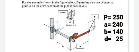 For the assembly shown in the figure helow, Determine the state of stress at
point A on the cross section of the pipe at section a-a.
20 mm
P= 250
a= 240
b= 140
d= 25
Soction a-a

