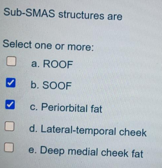 Sub-SMAS structures are
Select one or more:
a. ROOF
b. SOOF
c. Periorbital fat
d. Lateral-temporal cheek
e. Deep medial cheek fat
