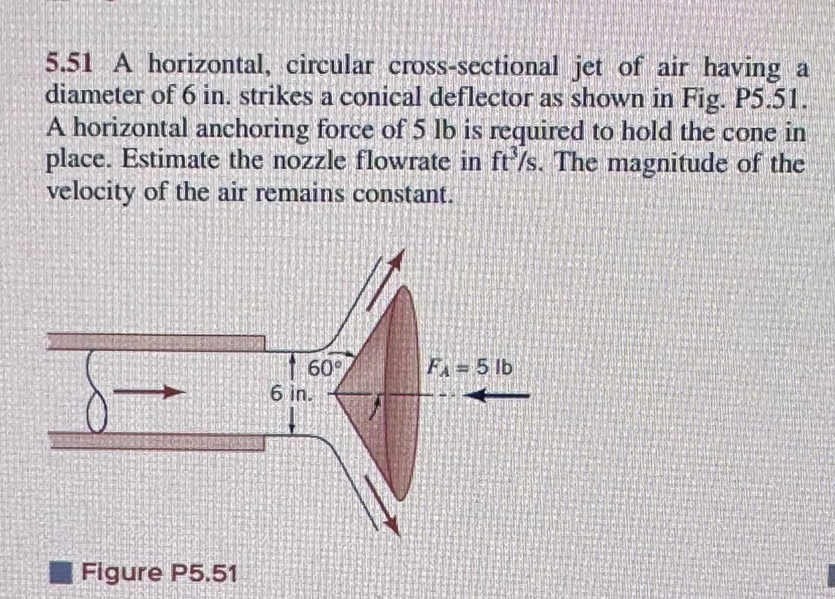 5.51 A horizontal, circular cross-sectional jet of air having a
diameter of 6 in. strikes a conical deflector as shown in Fig. P5.51.
A horizontal anchoring force of 5 lb is required to hold the cone in
place. Estimate the nozzle flowrate in ft/s. The magnitude of the
velocity of the air remains constant.
Figure P5.51
6 in.
60%
F=5 lb