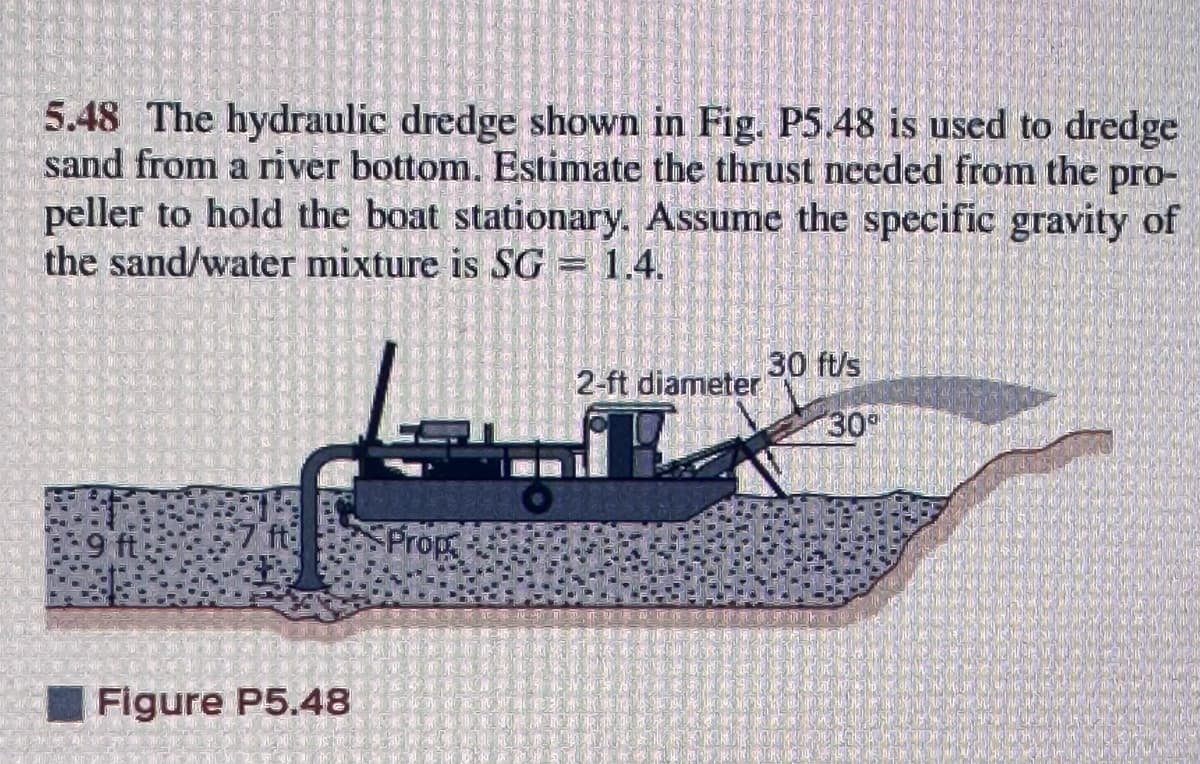 5.48 The hydraulic dredge shown in Fig. P5.48 is used to dredge
sand from a river bottom. Estimate the thrust needed from the pro-
peller to hold the boat stationary. Assume the specific gravity of
the sand/water mixture is SG = 1.4.
-9 ft
Prop
Figure P5.48
30 ft/s
2-ft diameter
30°