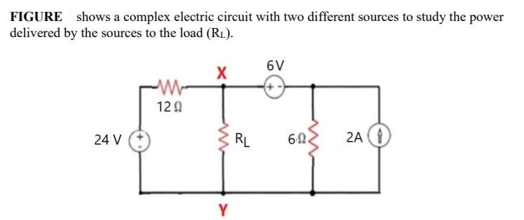 FIGURE shows a complex electric circuit with two different sources to study the power
delivered by the sources to the load (RL).
6V
12 0
24 V
RL
602
2A (1
Y
