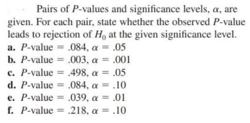 Pairs of P-values and significance levels, a, are
given. For each pair, state whether the observed P-value
leads to rejection of Ho at the given significance level.
a. P-value = .084, a = .05
b. P-value = .003, a = .001
c. P-value = .498, a = .05
d. P-value = .084, a = .10
e. P-value
f. P-value = .218, a = .10
%3D
%3D
.039, a
= .01
