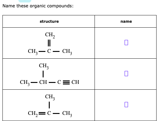 Name these organic compounds:
structure
name
CH,
CH, — С — сн,
CH3
CH3– CH – C= CH
CH3
CH,=C- CH,
