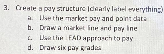 3. Create a pay structure (clearly label everything)
a. Use the market pay and point data
b. Draw a market line and pay line
Use the LEAD approach to pay
d. Draw six pay grades
С.
