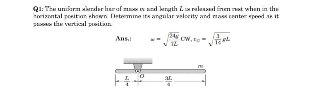 Q1: The uniform slender bar of mass m and length L is released from rest when in the
horizontal position shown. Determine its angular velocity and mass center speed as it
passes the vertical position.
Ans.:
3
@=
24g
√7L
CW, UG =
148L
m
3L
4
14
