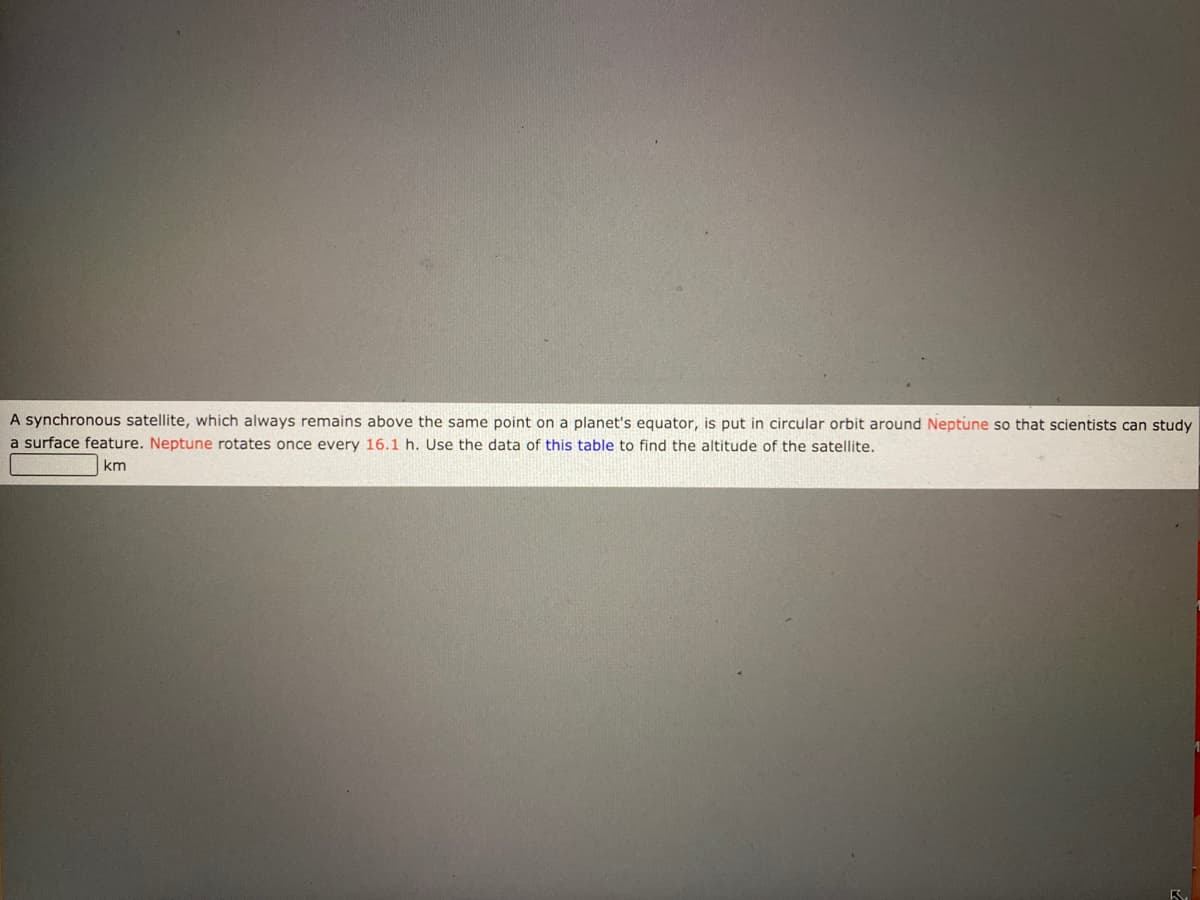 A synchronous satellite, which always remains above the same point on a planet's equator, is put in circular orbit around Neptune so that scientists can study
a surface feature. Neptune rotates once every 16.1 h. Use the data of this table to find the altitude of the satellite.
km
