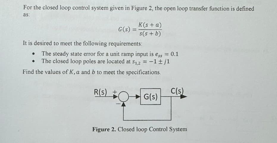 For the closed loop control system given in Figure 2, the open loop transfer function is defined
as:
G(s) =
K(s+a)
s(s + b)
It is desired to meet the following requirements:
•
The steady state error for a unit ramp input is ess = 0.1
The closed loop poles are located at S1,2 = -1 ± j1
Find the values of K, a and b to meet the specifications.
R(s)
C(s)
G(s)
Figure 2. Closed loop Control System