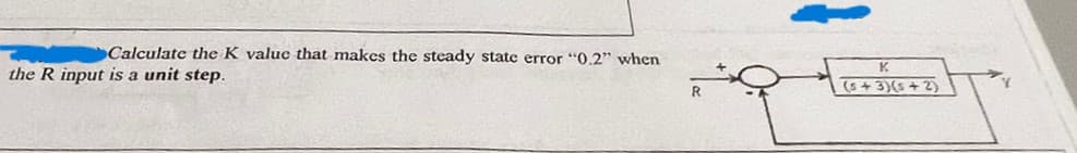 Calculate the K value that makes the steady state error "0.2" when
the R input is a unit step.
R
(5+3)(5+2)