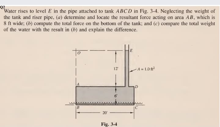 Q2
Water rises to level E in the pipe attached to tank ABC D in Fig. 3-4. Neglecting the weight of
the tank and riser pipe, (a) determine and locate the resultant force acting on area AB, which is
8 ft wide; (b) compute the total force on the bottom of the tank; and (c) compare the total weight
of the water with the result in (b) and explain the difference.
to
12
A = 1.0 fr?
6'
IC
20'
Fig. 3-4
