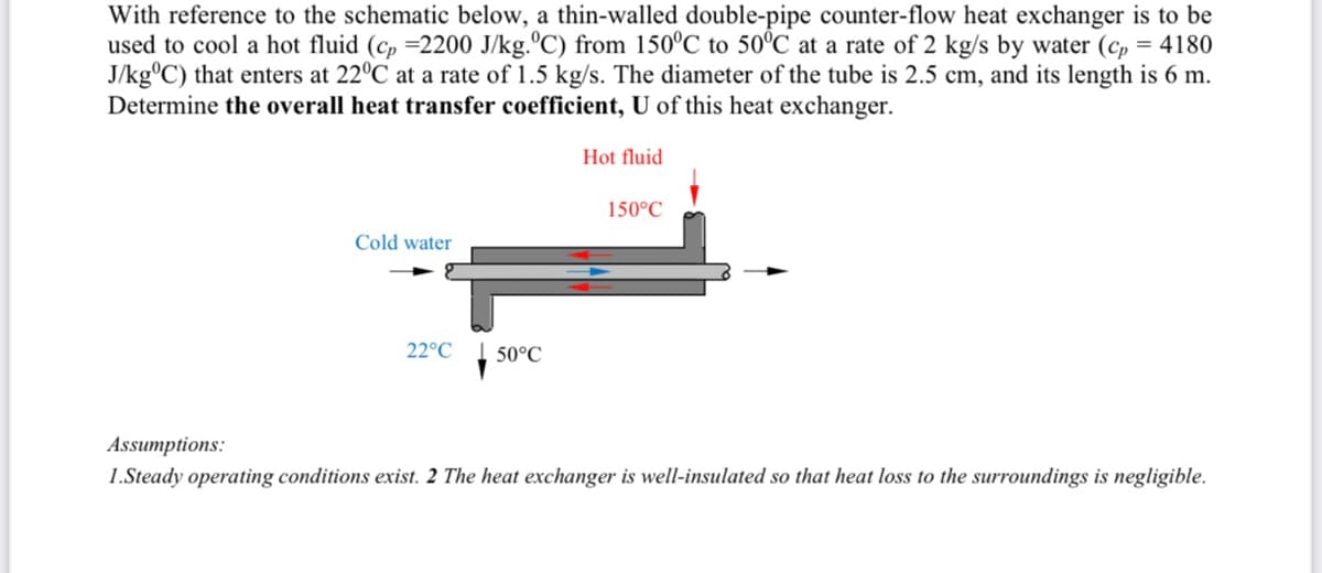 With reference to the schematic below, a thin-walled double-pipe counter-flow heat exchanger is to be
used to cool a hot fluid (cp=2200 J/kg.°C) from 150°C to 50°C at a rate of 2 kg/s by water (cp = 4180
J/kg°C) that enters at 22°C at a rate of 1.5 kg/s. The diameter of the tube is 2.5 cm, and its length is 6 m.
Determine the overall heat transfer coefficient, U of this heat exchanger.
Hot fluid
150°C
Cold water
22°C
150°C
Assumptions:
1.Steady operating conditions exist. 2 The heat exchanger is well-insulated so that heat loss to the surroundings is negligible.