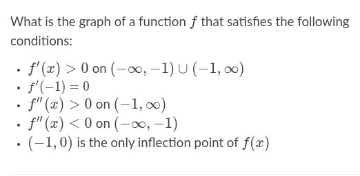 What is the graph of a function f that satisfies the following
conditions:
· f (x) > 0 on (-∞, –1) U (-1, ∞)
• f'(-1) = 0
f" (x) > 0 on (-1, ∞)
• f'" (x) < 0 on (-∞, –1)
• (-1,0) is the only inflection point of f(x)
