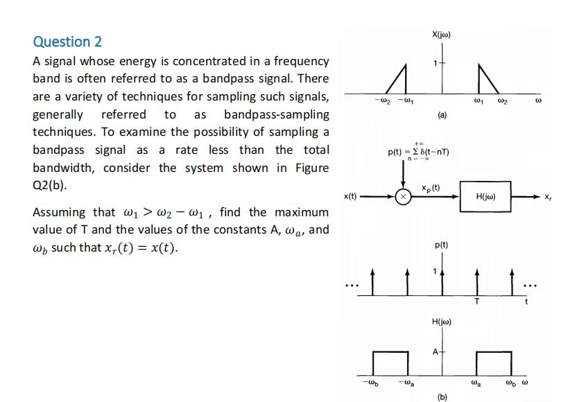 Question 2
A signal whose energy is concentrated in a frequency
band is often referred to as a bandpass signal. There
are a variety of techniques for sampling such signals,
generally referred
to
as bandpass-sampling
techniques. To examine the possibility of sampling a
bandpass signal as a rate less than the total
bandwidth, consider the system shown in Figure
Q2(b).
Assuming that w₁ > W₂ - W₁, find the maximum
value of T and the values of the constants A, wa, and
w such that x,.(t) = x(t).
x(t)
-W₂ -w1
...1
...
-wp
X
X(jw)
-Wa
1-
+*
p(t) = Σ 8(t-nT)
3118
(a)
Xp (t)
p(t)
H(jw)
A-
(b)
@01
H(jw)
T
Wa
W₂
шь ш
(0)
X₁