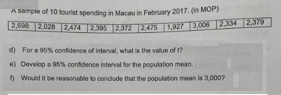 A sample of 10 tourist spending in Macau in February 2017. (in MOP)
2,698 2,028 2,474 2,395 2,372 2,475 1,927 3,006
2,334
d) For a 95% confidence of interval, what is the value of t?
e) Develop a 95% confidence interval for the population mean.
f) Would it be reasonable to conclude that the population mean is 3,000?
2,379