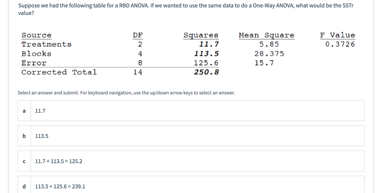 P
Suppose we had the following table for a RBD ANOVA. If we wanted to use the same data to do a One-Way ANOVA, what would be the SSTr
value?
Source
Treatments
Blocks
Error
Corrected Total
DF
2
Squares
11.7
Mean Square
5.85
F Value
0.3726
4
113.5
28.375
8
125.6
15.7
14
250.8
Select an answer and submit. For keyboard navigation, use the up/down arrow keys to select an answer.
a
11.7
b
113.5
C 11.7113.5 = 125.2
113.5+ 125.6 = 239.1