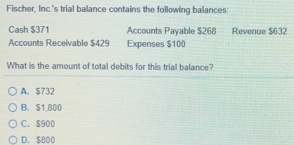 Fischer, Inc.'s trial balance contains the following balances:
Cash $371
Accounts Payable $268
Accounts Receivable $429
Expenses $100
What is the amount of total debits for this trial balance?
O A. $732
OB. $1,800
O C. $900
OD. $800
Revenue $632