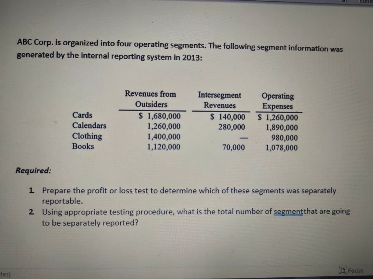 ABC Corp. is organized into four operating segments. The following segment information was
generated by the internal reporting system in 2013:
Revenues from
Intersegment
Operating
Expenses
S 1,260,000
1,890,000
980,000
1,078,000
Outsiders
Revenues
Cards
$ 1,680,000
1,260,000
1,400,000
1,120,000
$ 140,000
280,000
Calendars
Clothing
Вooks
70,000
Required:
1 Prepare the profit or loss, test to determine which of these segments was separately
reportable.
2 Using appropriate testing procedure, what is the total number of segmentthat are going
to be separately reported?
O Focus
tes)
